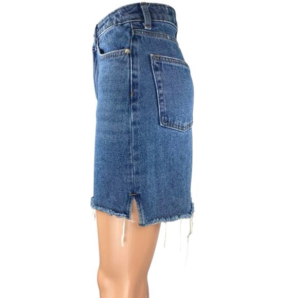 H&M Women's Blue High Waist Frayed Raw Hem Mini Denim Jeans Pencil Skirt Size 4 - Picture 2 of 5